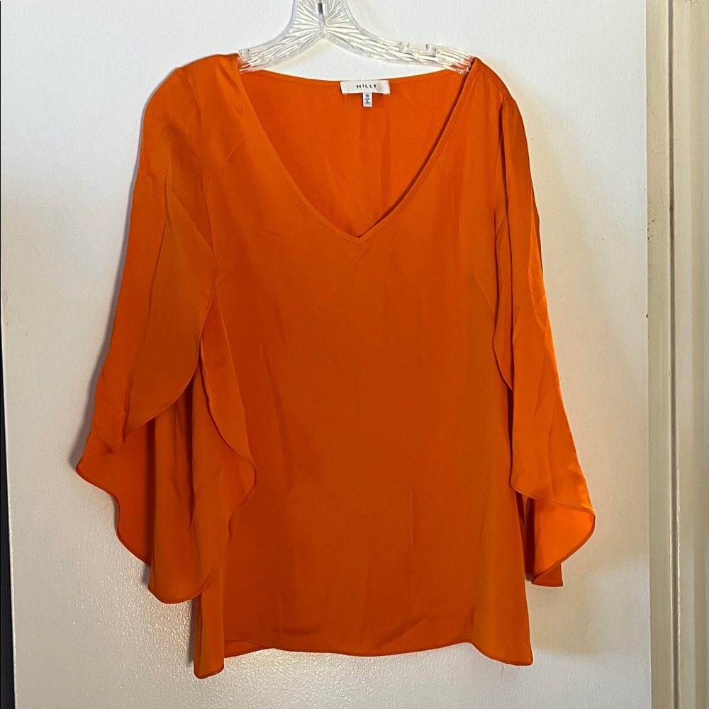 Milly Vibrant Orange V-Neck Blouse